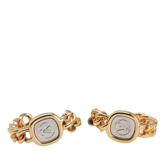 Gold Louis Vuitton Gold Plated LV ID Chain Hoop Push Back Earrings