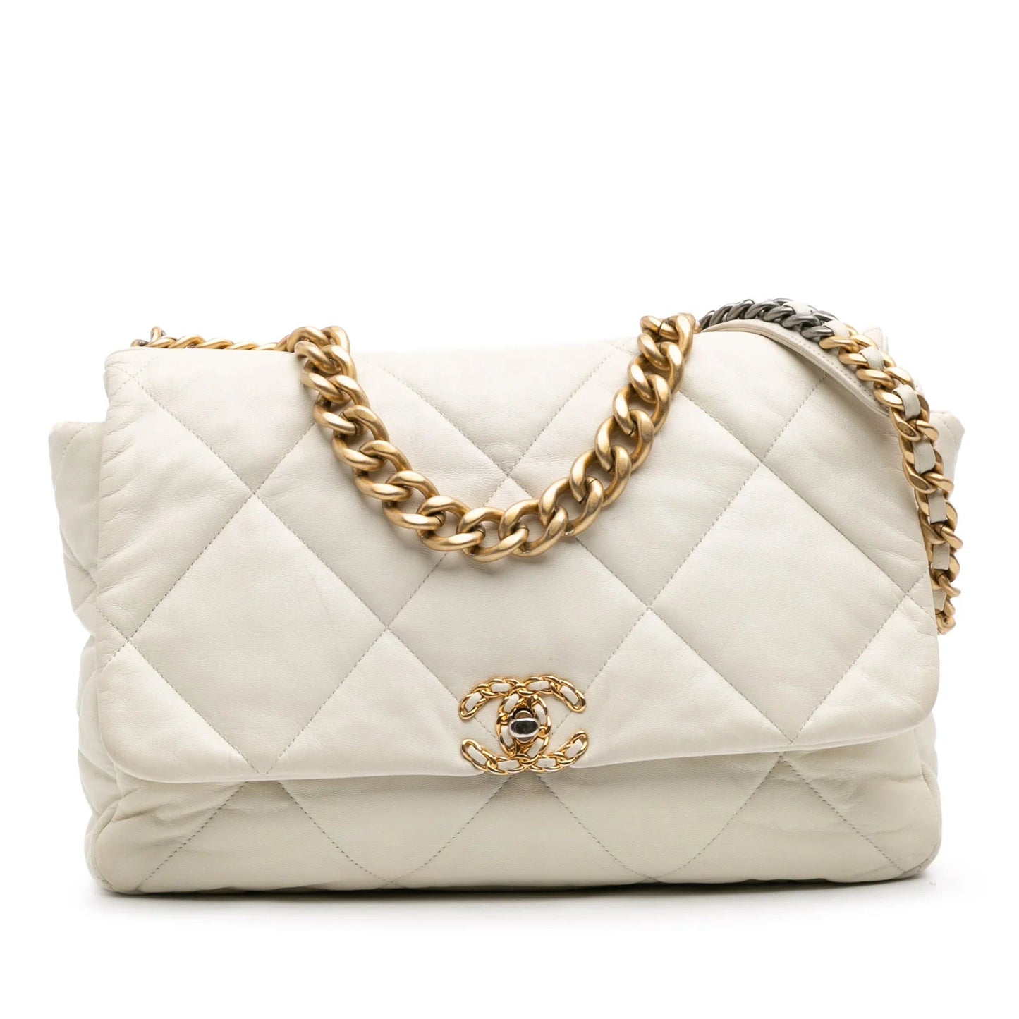 White Chanel Maxi Lambskin 19 Flap Satchel
