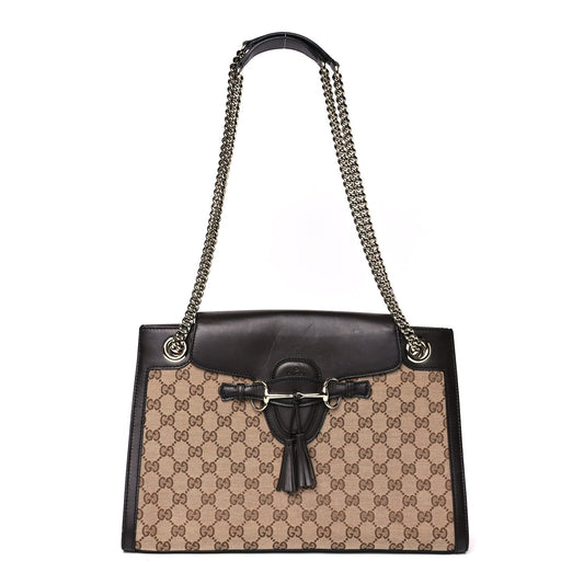 Gucci Monogram Margaux Calfskin Large Emily Chain Shoulder Bag Beige Ebony Cocoa