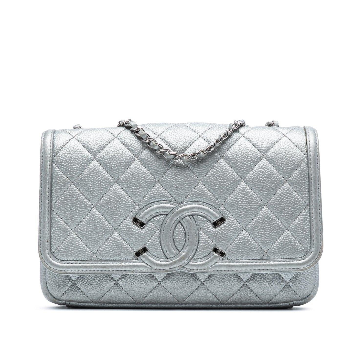 Silver Chanel Small Quilted Metallic Caviar CC Filigree Flap Crossbody Bag