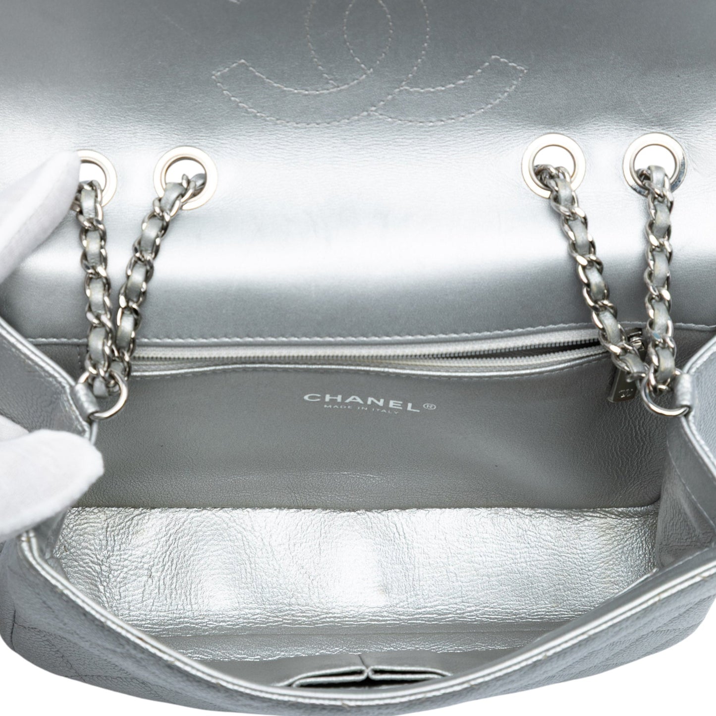 Silver Chanel Small Quilted Metallic Caviar CC Filigree Flap Crossbody Bag