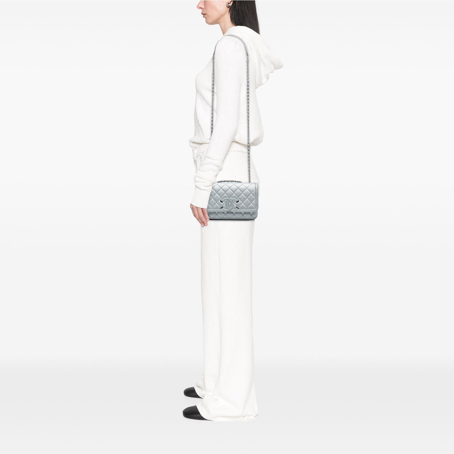Silver Chanel Small Quilted Metallic Caviar CC Filigree Flap Crossbody Bag