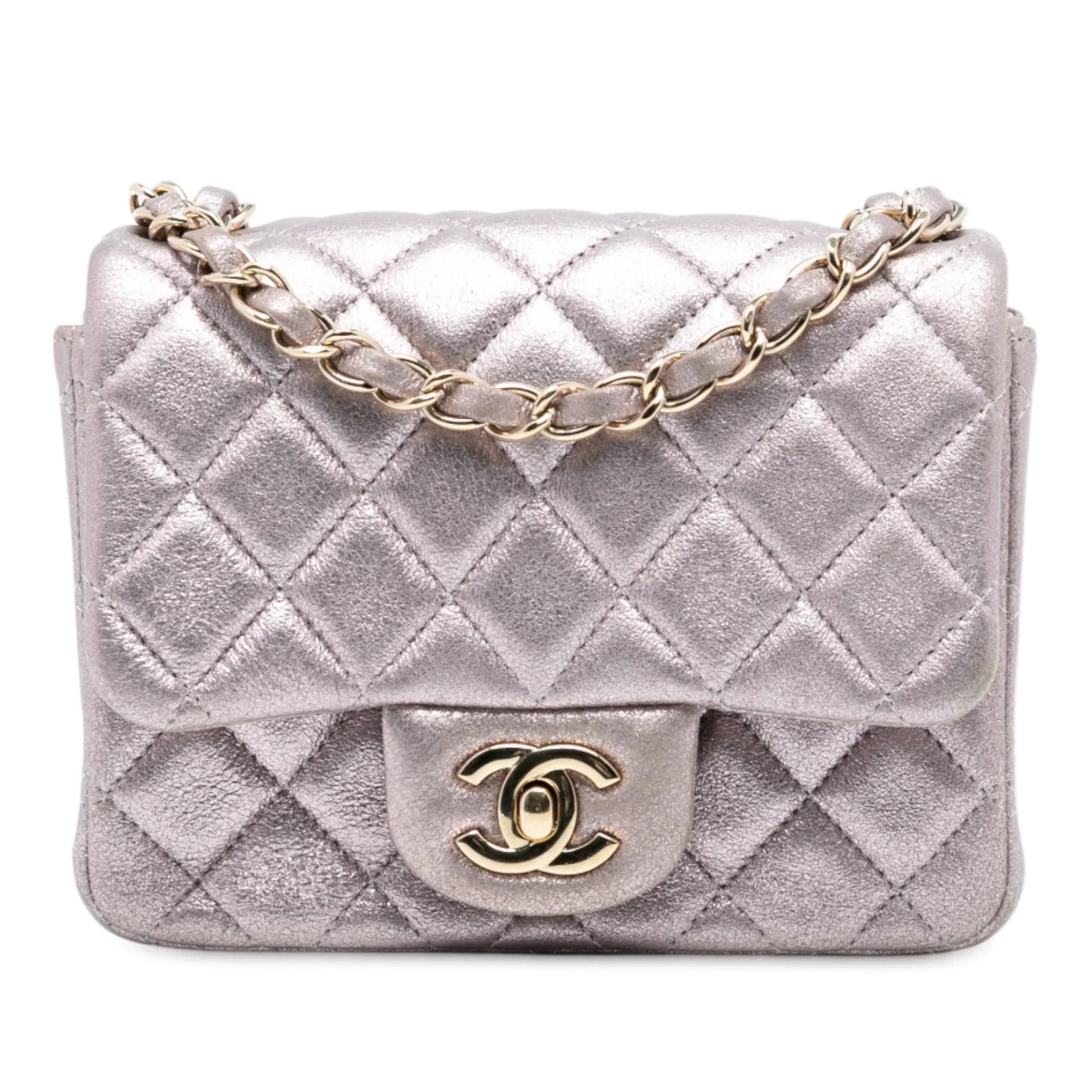 Pink Chanel Mini Square Classic Iridescent Calfskin Single Flap Crossbody Bag