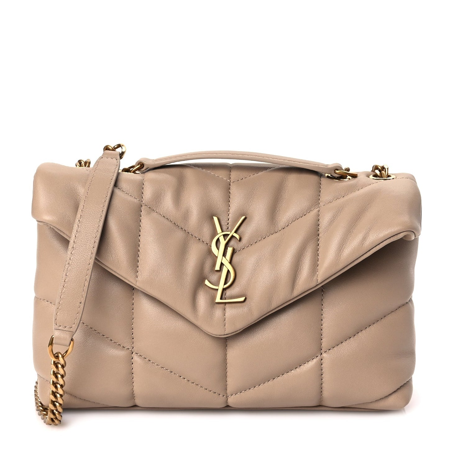 Saint Laurent Lambskin Quilted Toy Loulou Puffer Monogram Chain Satchel Dark Beige