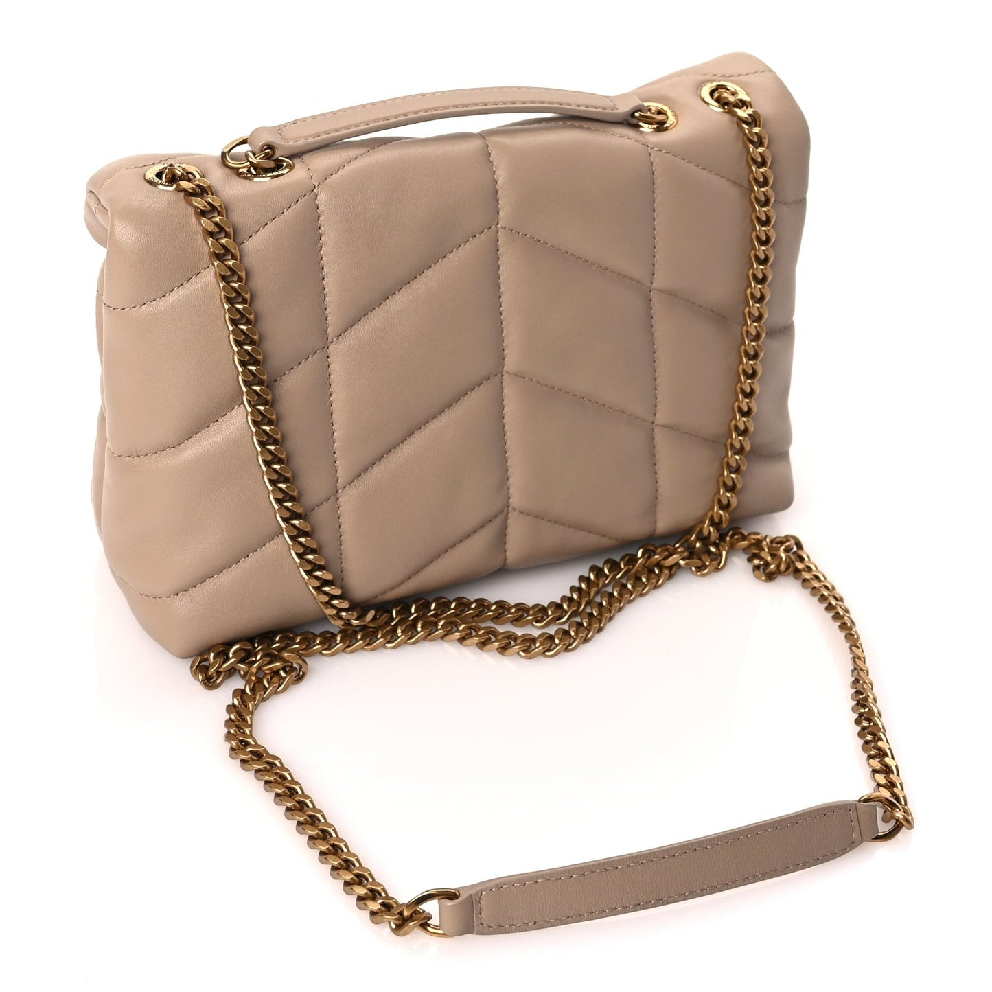 Saint Laurent Lambskin Quilted Toy Loulou Puffer Monogram Chain Satchel Dark Beige