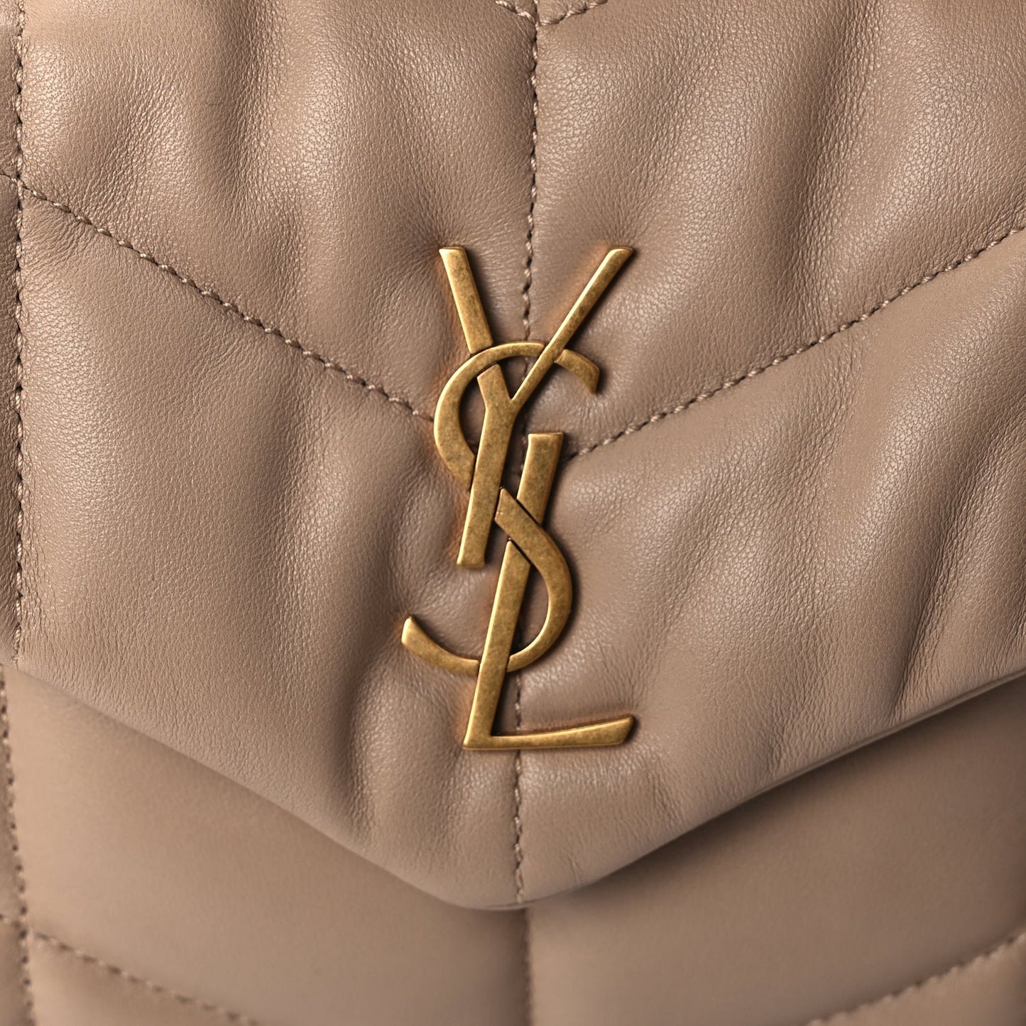 Saint Laurent Lambskin Quilted Toy Loulou Puffer Monogram Chain Satchel Dark Beige