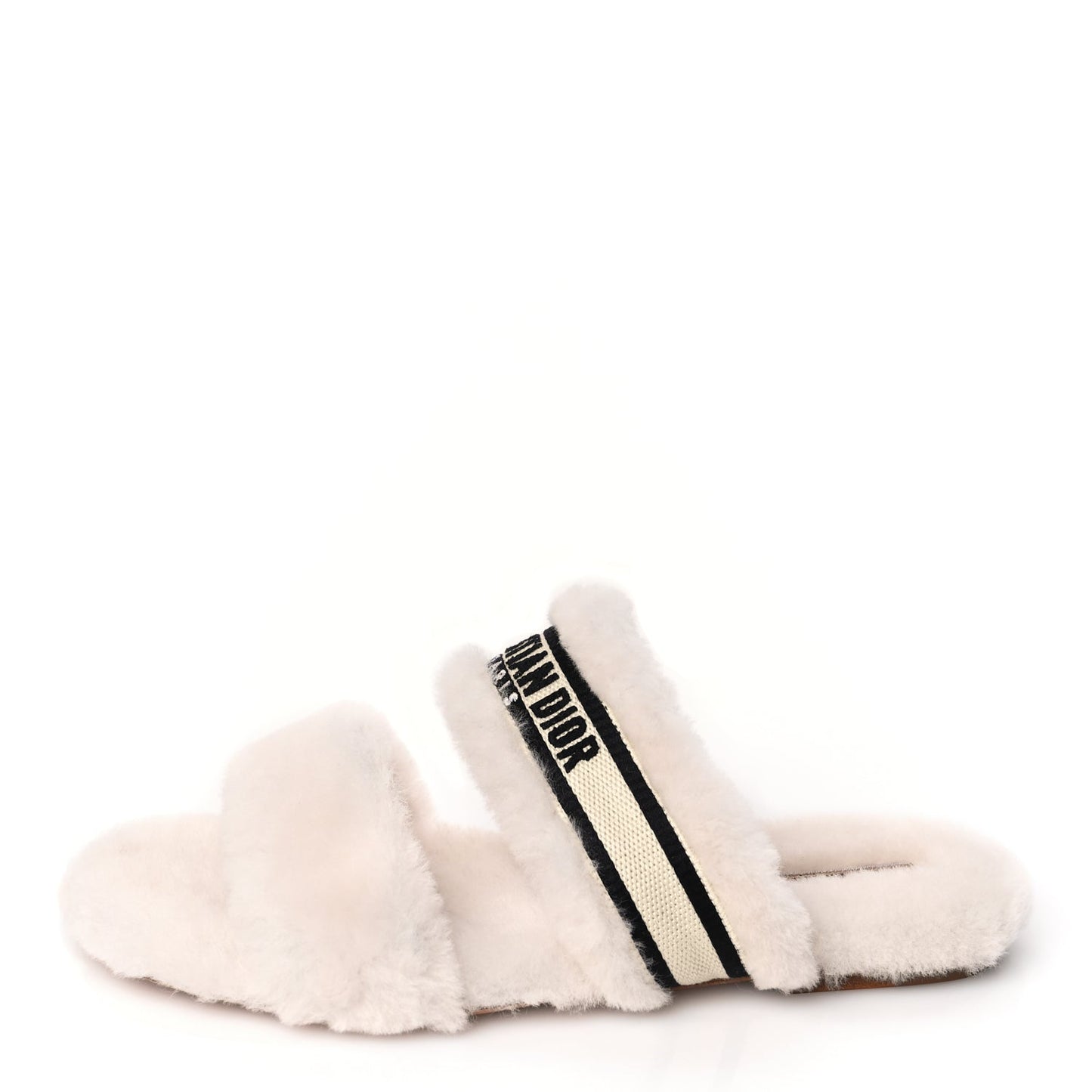 Christian Dior Shearling Canvas Embroidered Chez Moi Strap Slide Sandal 37 Off White Black