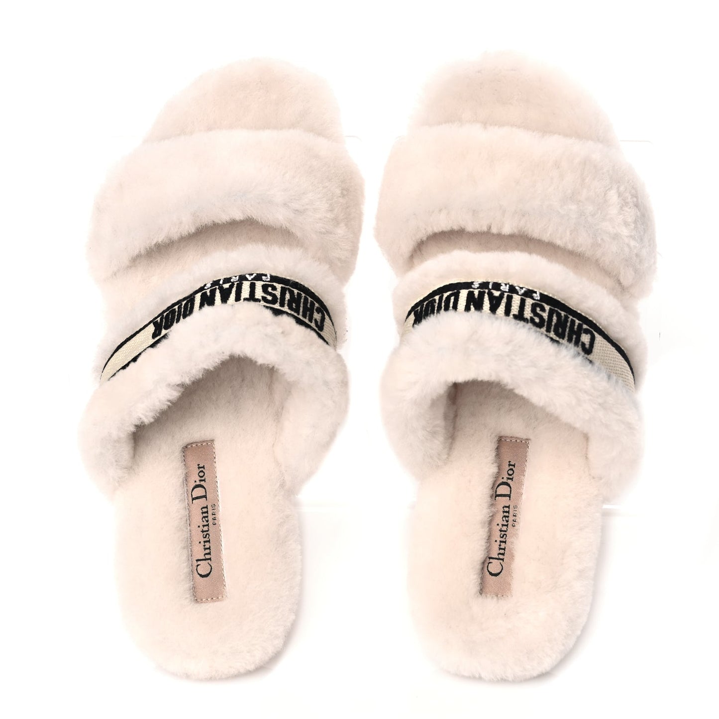 Christian Dior Shearling Canvas Embroidered Chez Moi Strap Slide Sandal 37 Off White Black