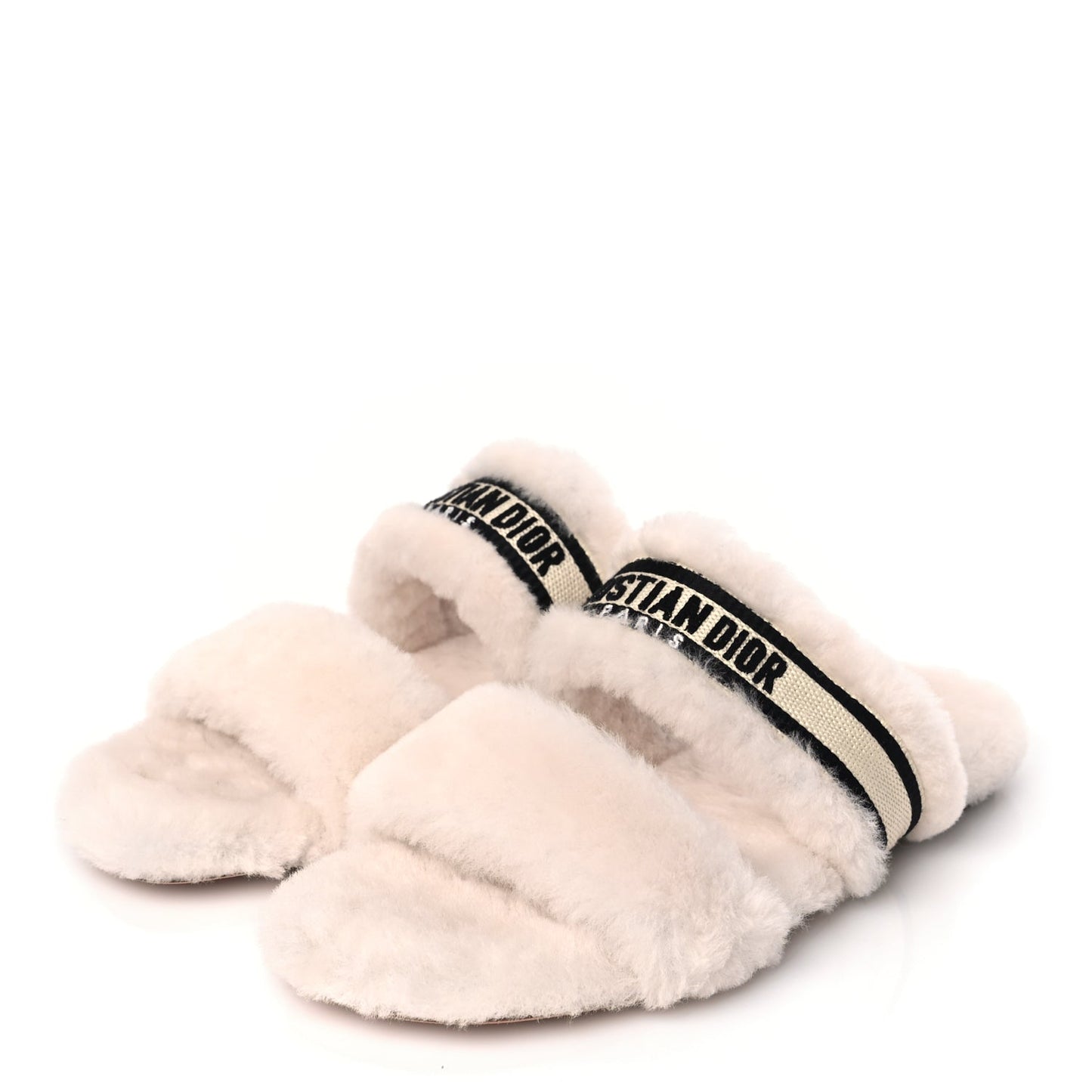 Christian Dior Shearling Canvas Embroidered Chez Moi Strap Slide Sandal 37 Off White Black