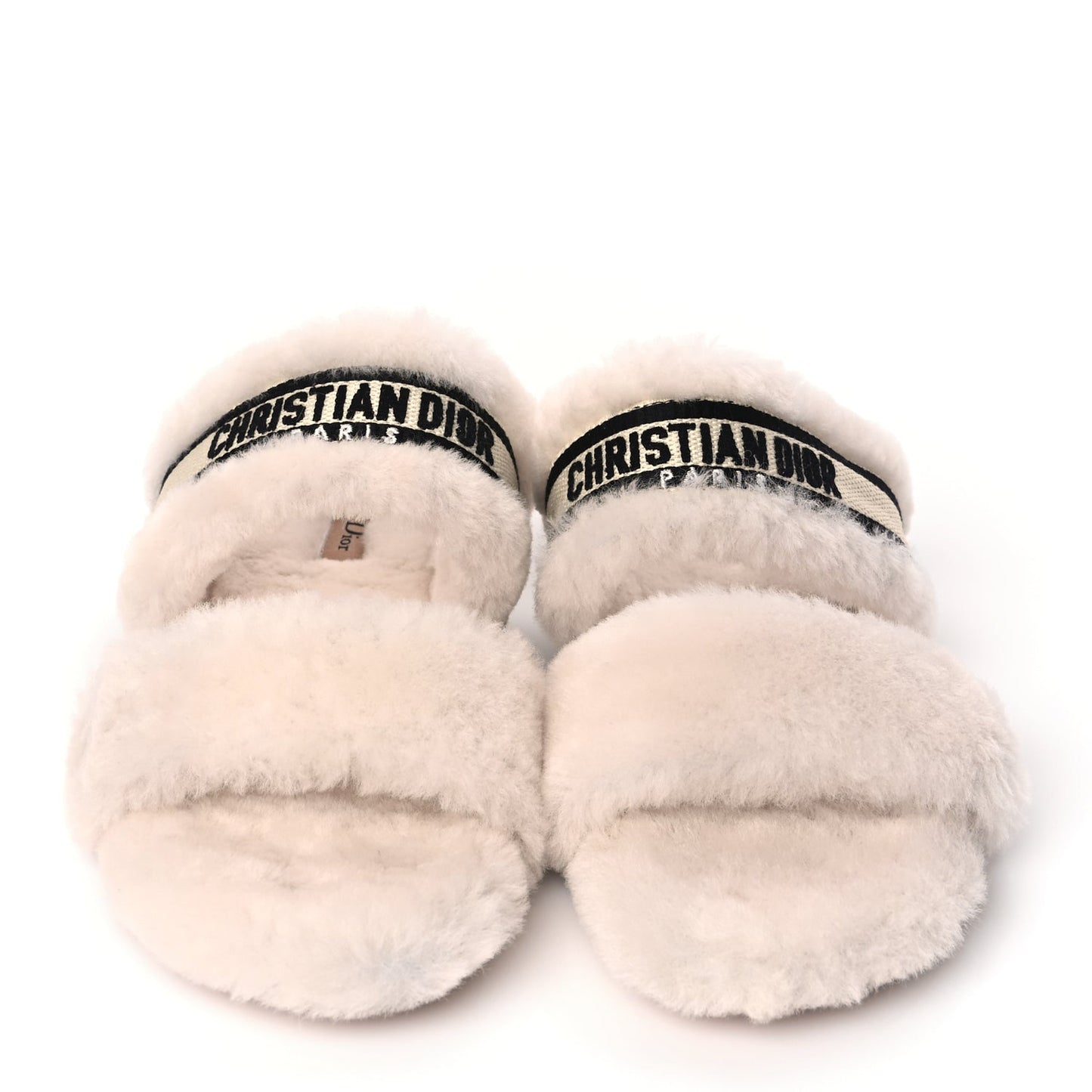 Christian Dior Shearling Canvas Embroidered Chez Moi Strap Slide Sandal 37 Off White Black