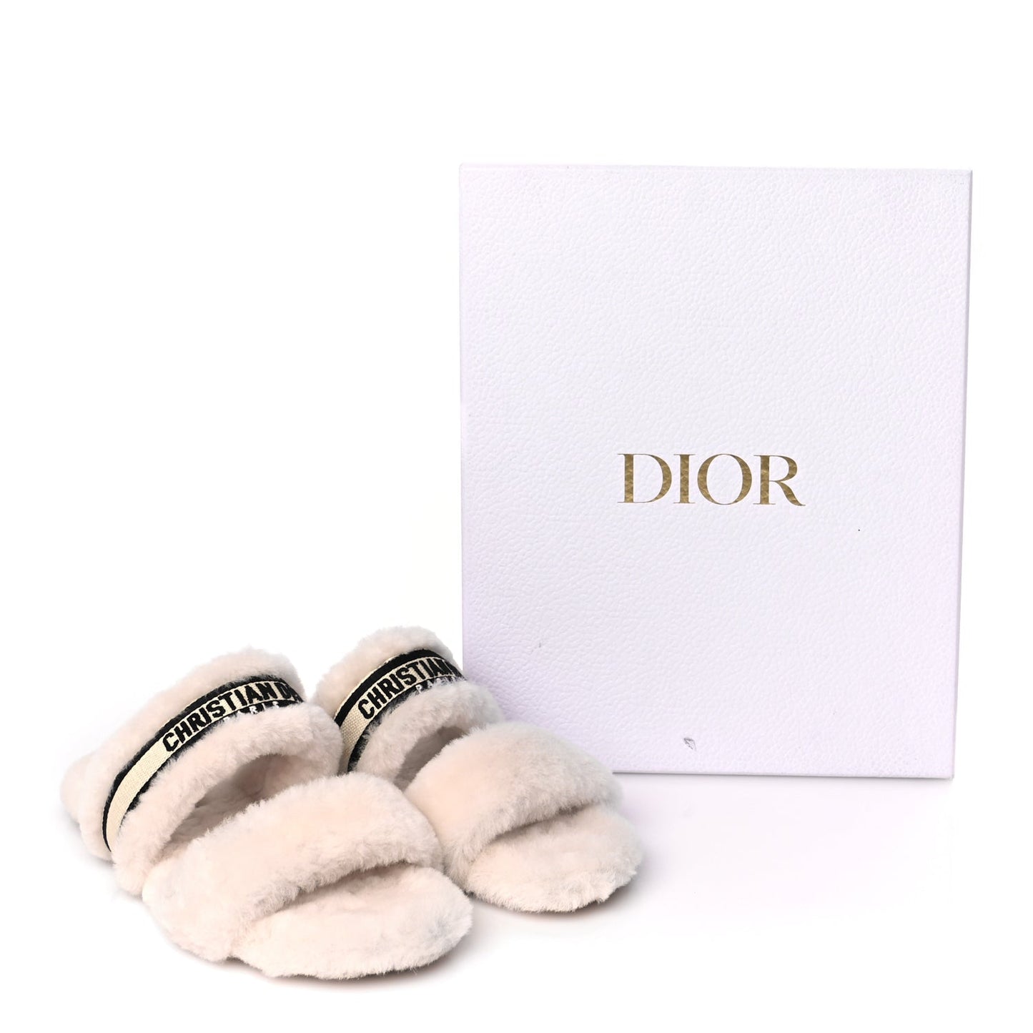 Christian Dior Shearling Canvas Embroidered Chez Moi Strap Slide Sandal 37 Off White Black