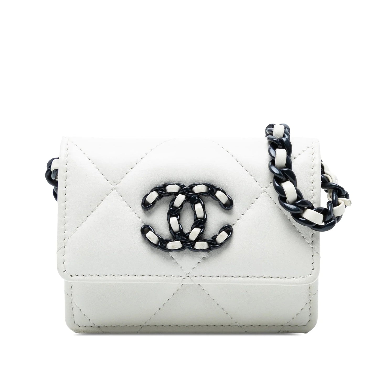 White Chanel Lambskin 19 Flap Coin Purse With Chain Crossbody Bag