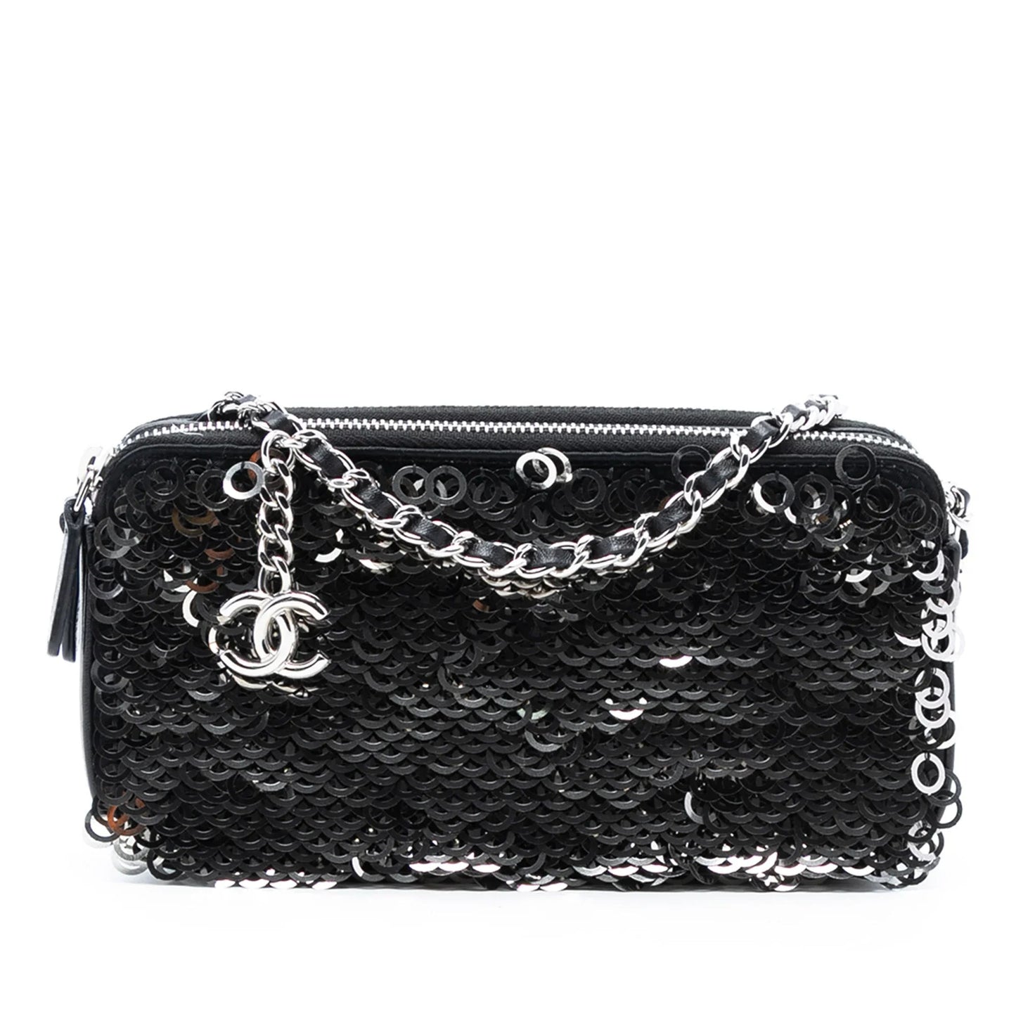 Black Chanel CC Calfskin and Sequin Double Zip Wallet on Chain Crossbody Bag