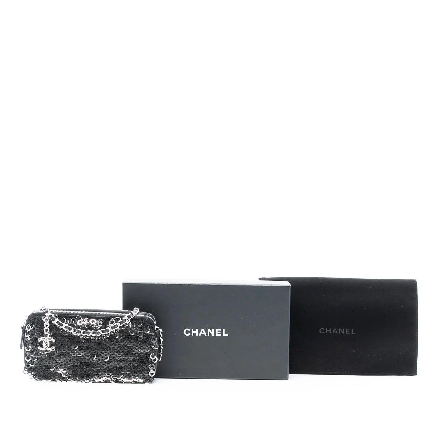 Black Chanel CC Calfskin and Sequin Double Zip Wallet on Chain Crossbody Bag