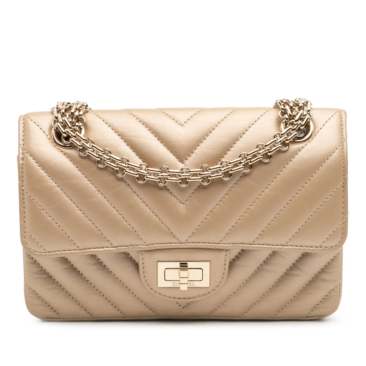 Gold Chanel Reissue 2.55 Chevron Quilted Metallic Calfskin Single Flap 224 Crossbody Bag