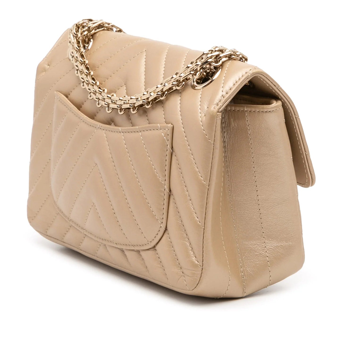 Gold Chanel Reissue 2.55 Chevron Quilted Metallic Calfskin Single Flap 224 Crossbody Bag
