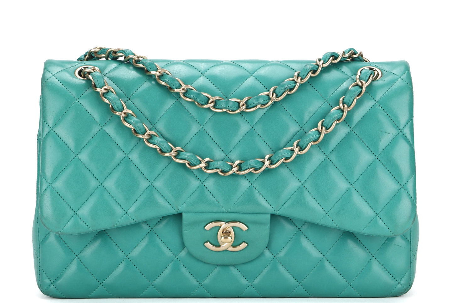 CHANEL DOUBLE FLAP BAG (1798xxxx) JUMBO GREEN LAMBSKIN LEATHER GOLD HARDWARE, WITH DUST COVER, NO