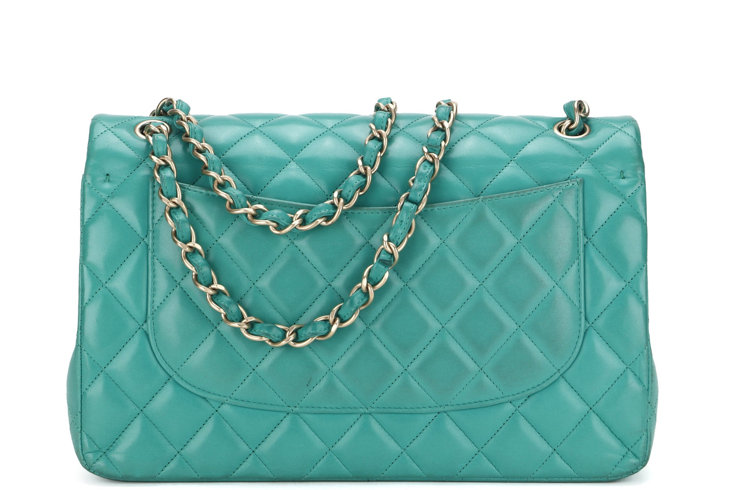 CHANEL DOUBLE FLAP BAG (1798xxxx) JUMBO GREEN LAMBSKIN LEATHER GOLD HARDWARE, WITH DUST COVER, NO