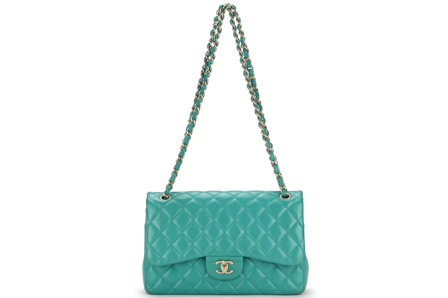 CHANEL DOUBLE FLAP BAG (1798xxxx) JUMBO GREEN LAMBSKIN LEATHER GOLD HARDWARE, WITH DUST COVER, NO