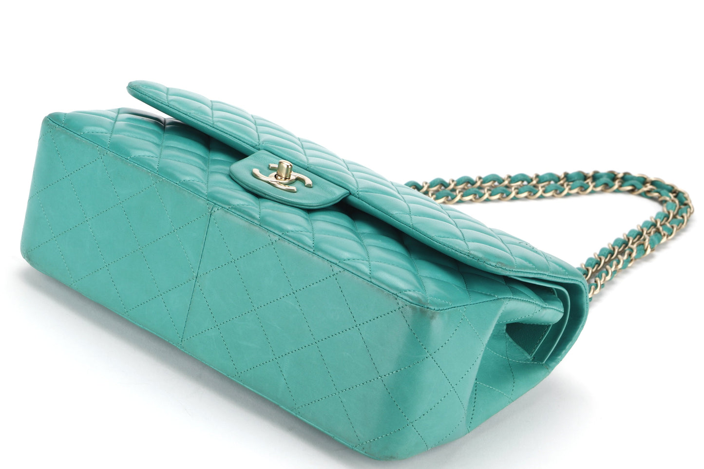 CHANEL DOUBLE FLAP BAG (1798xxxx) JUMBO GREEN LAMBSKIN LEATHER GOLD HARDWARE, WITH DUST COVER, NO