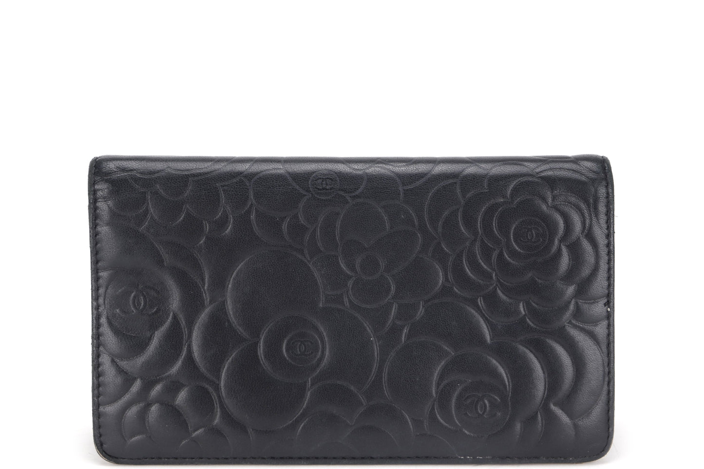 CHANEL CAMELLIA BLACK LAMBSKIN LEATHER LONG WALLET (1671xxxx) SILVER HARDWARE, WITH  & BOX