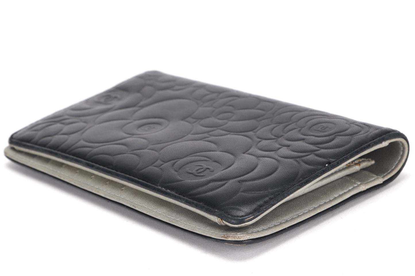 CHANEL CAMELLIA BLACK LAMBSKIN LEATHER LONG WALLET (1671xxxx) SILVER HARDWARE, WITH  & BOX