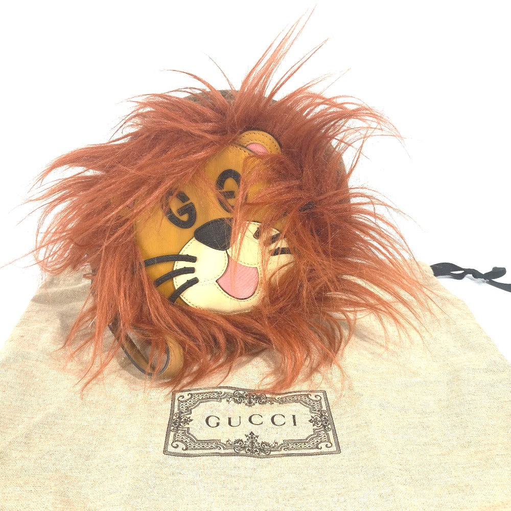 GUCCI Clutch bag 704806 Fur, Leather, Suede Brown GG Lion Lion Round Women