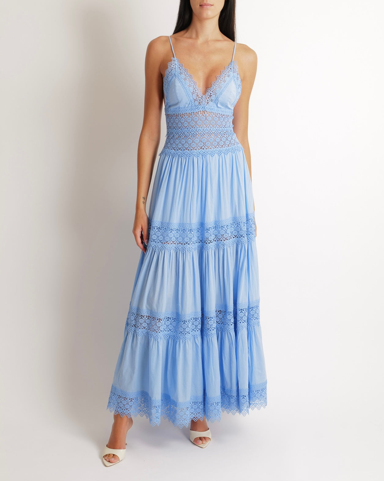Charo Ruiz Blue Cotton Cindy Maxi Dress with Lace Detail Size S (UK 8) RRP £880