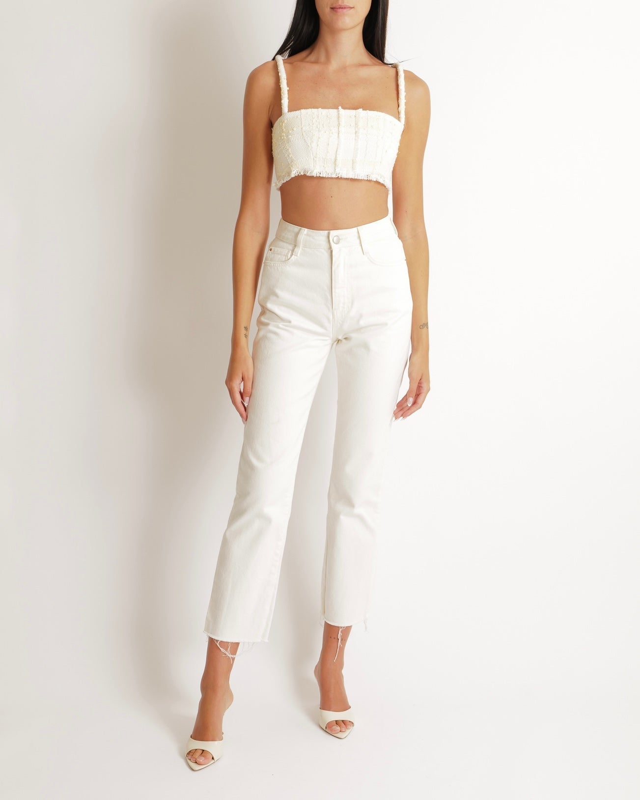 Alexis Cream and Butter Yellow Tweed Cropped Top with Fringe Trim Detail Size M (UK 10)