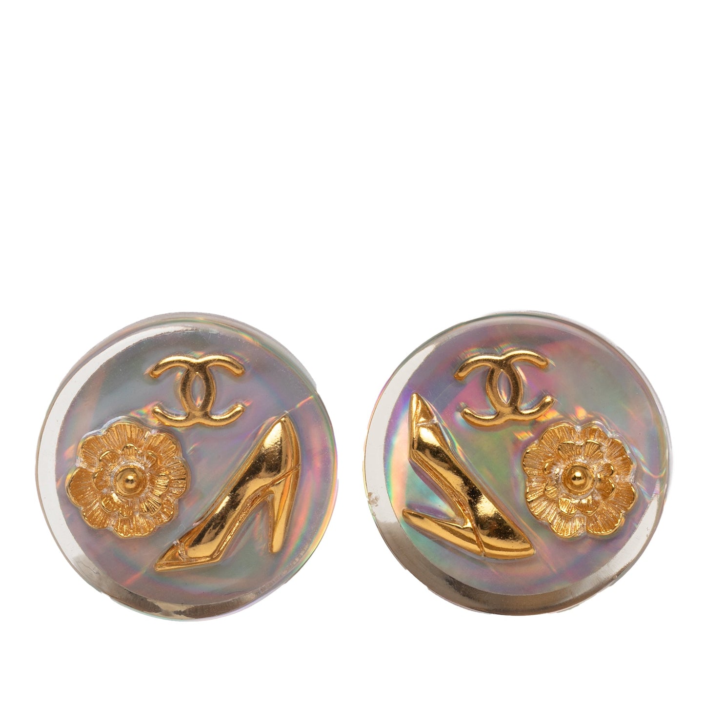 White Chanel Gold Plated Resin CC Camellia Button Clip On Earrings
