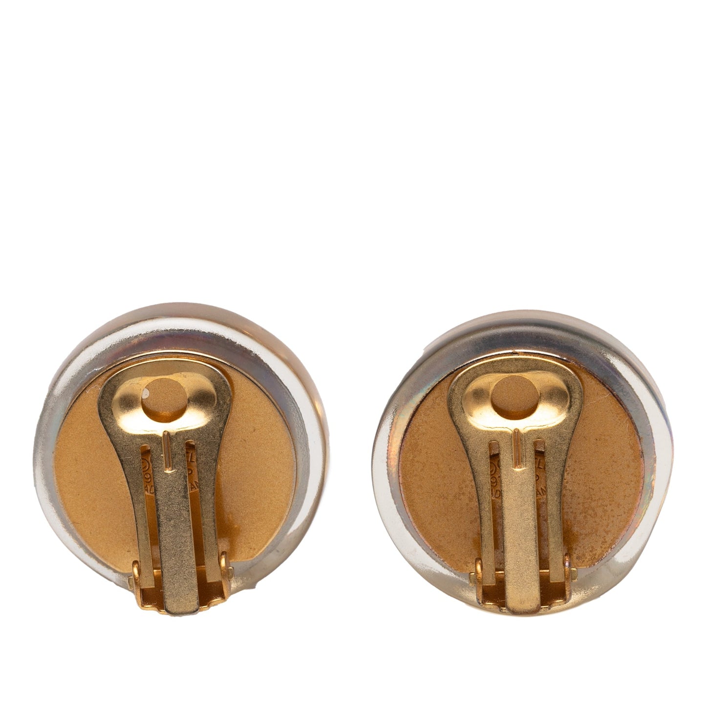 White Chanel Gold Plated Resin CC Camellia Button Clip On Earrings
