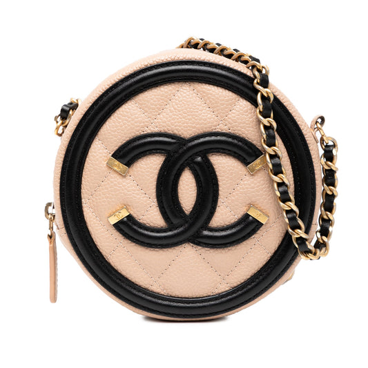 Beige Chanel Caviar CC Filigree Round Crossbody