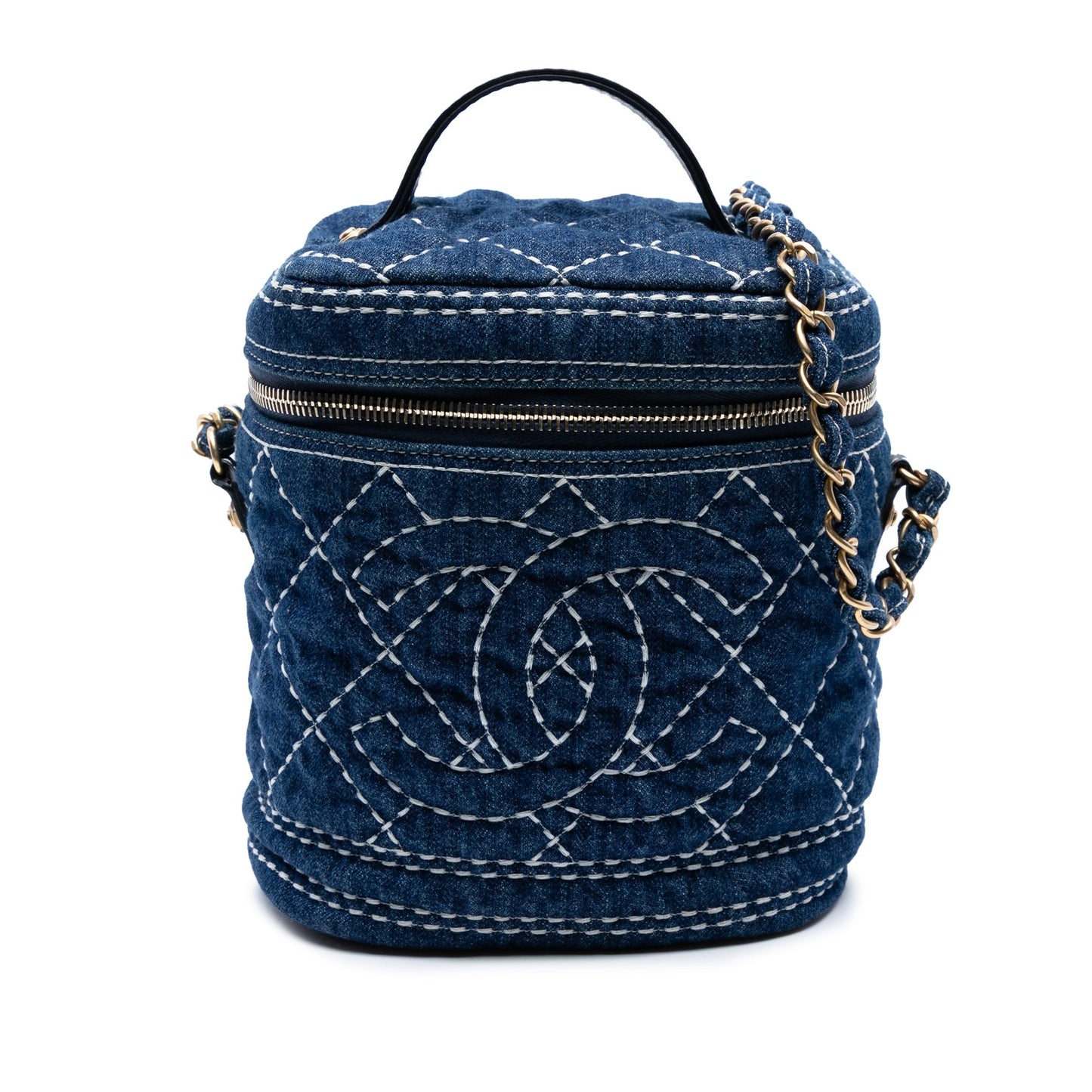 Blue Chanel CC Quilted Denim Trip Vanity Case with Chain Satchel