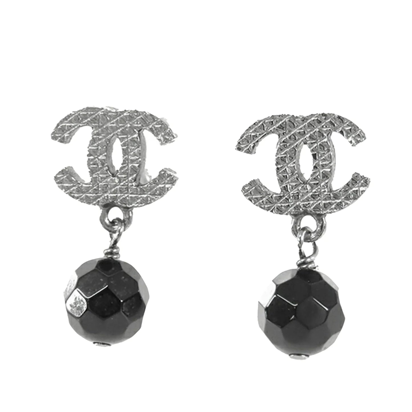 Silver Chanel CC Silver Plated Bead Drop Push Back Earrings
