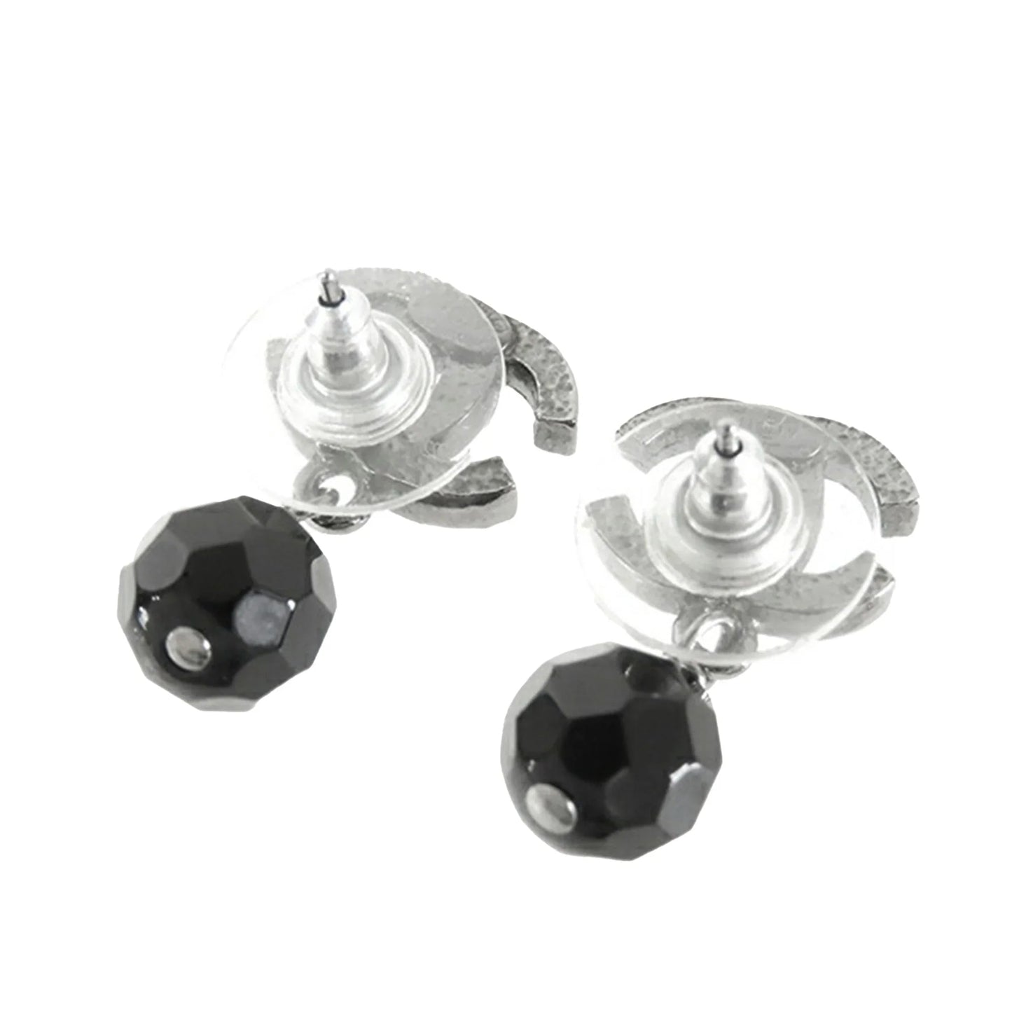Silver Chanel CC Silver Plated Bead Drop Push Back Earrings