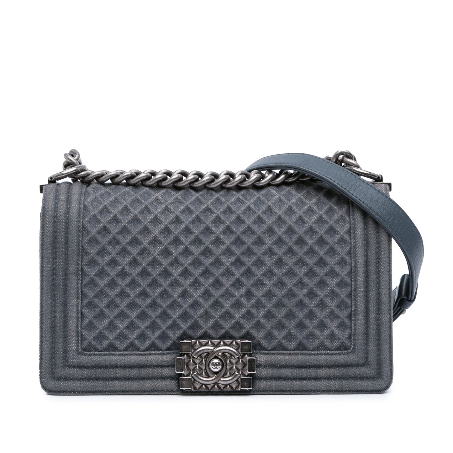 Blue Chanel Medium Embossed Denim Boy Flap Crossbody Bag