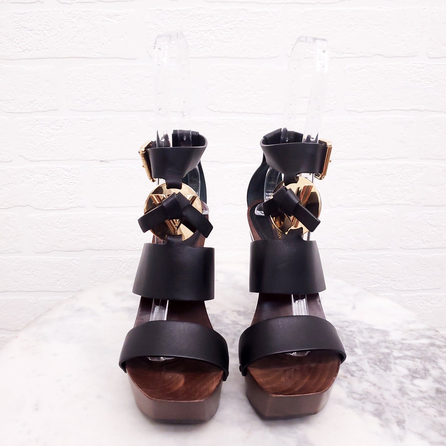 LOUIS VUITTON LEATHER WOODEN PLATFORM SANDALS - SIZE 37.5