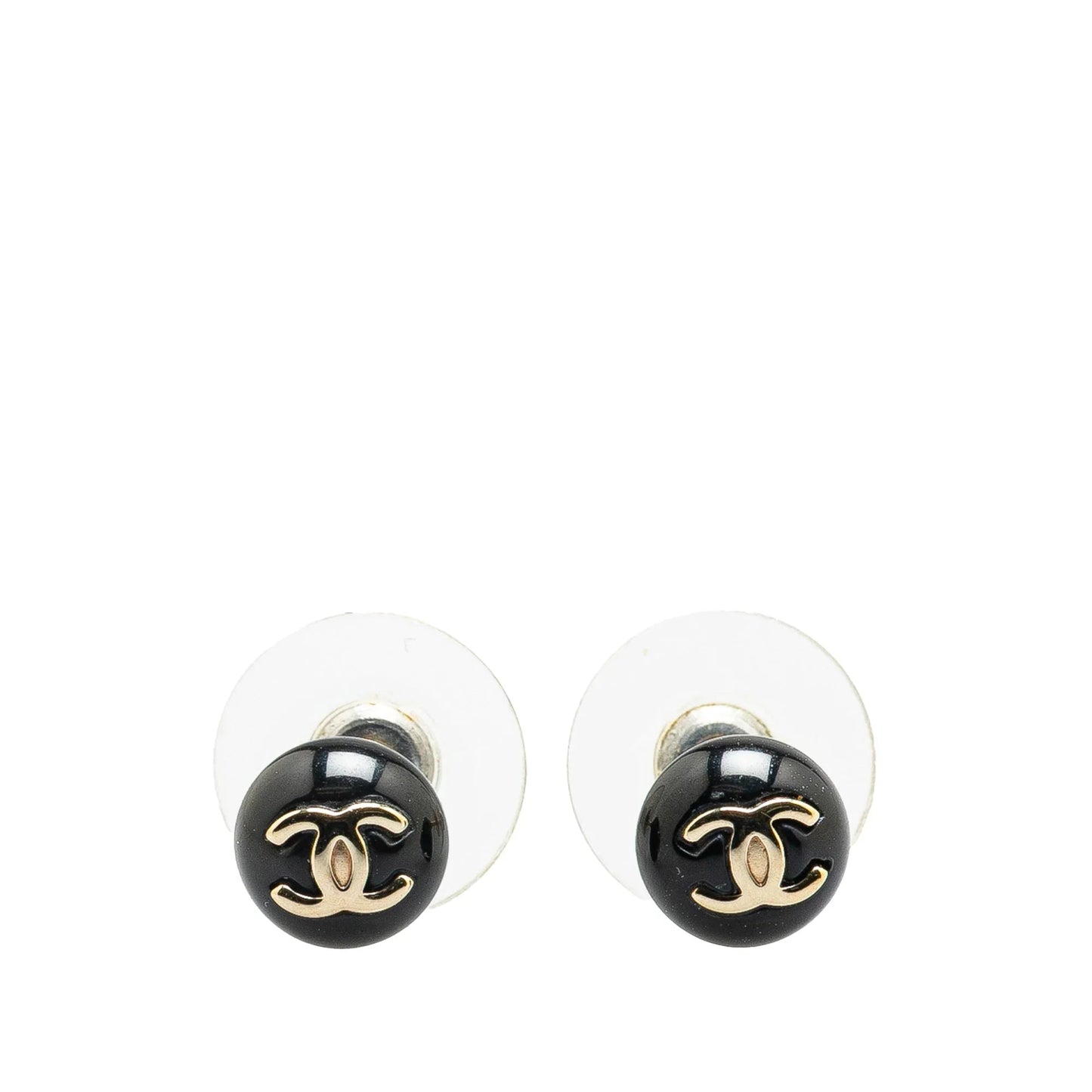 Black Chanel Resin CC Button Push Back Earrings