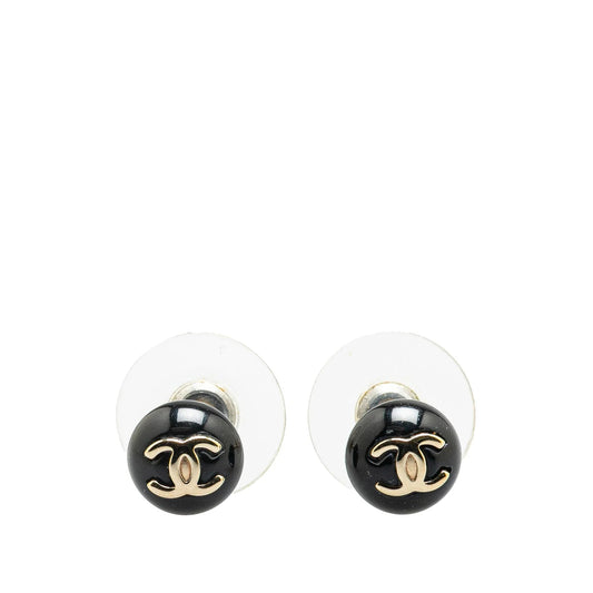 Black Chanel Resin CC Button Push Back Earrings
