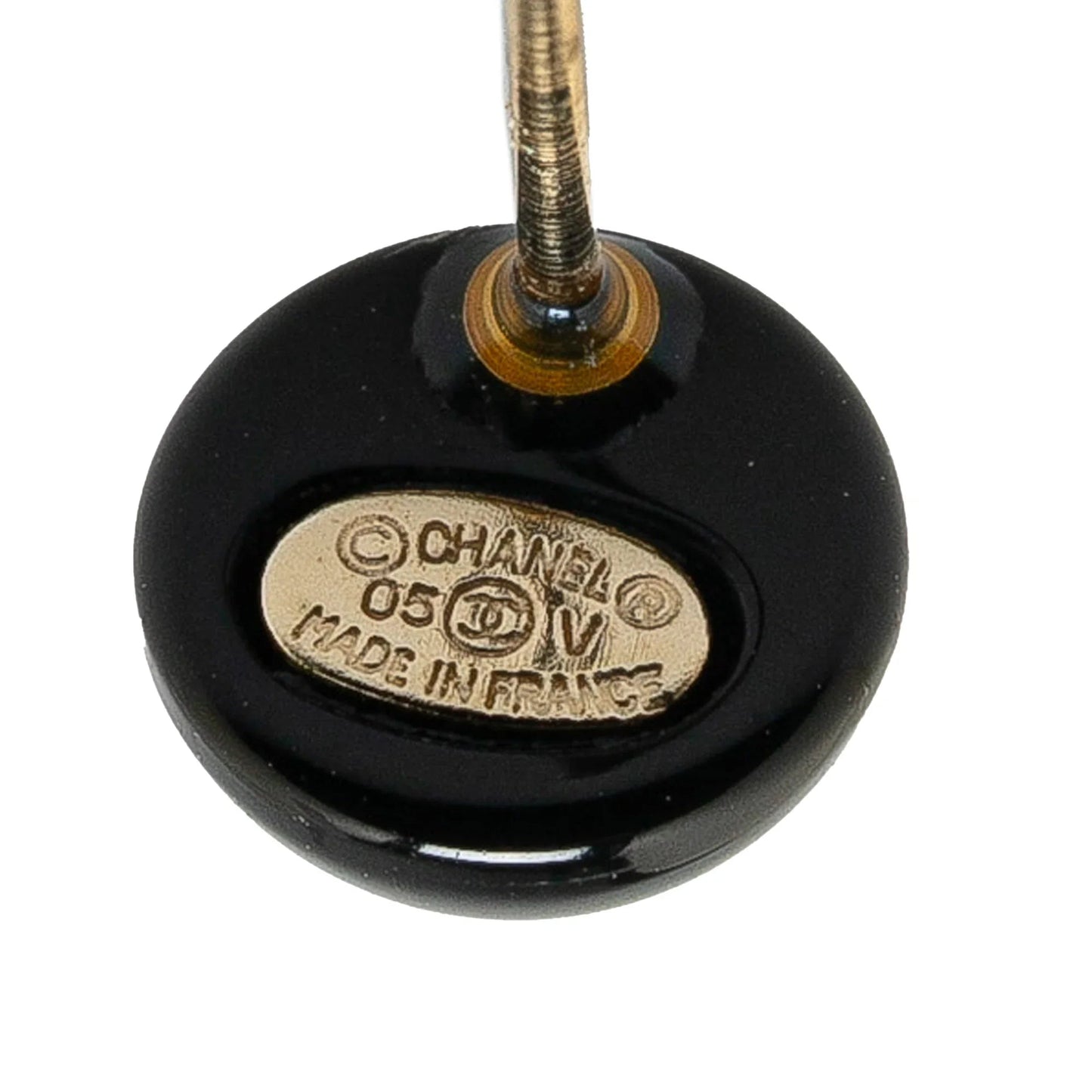 Black Chanel Resin CC Button Push Back Earrings