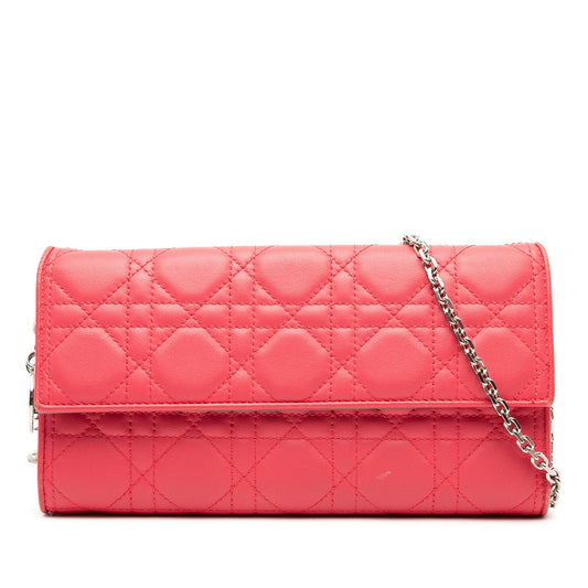 Pink Dior Lambskin Cannage Lady Dior Wallet On Chain Shoulder Bag