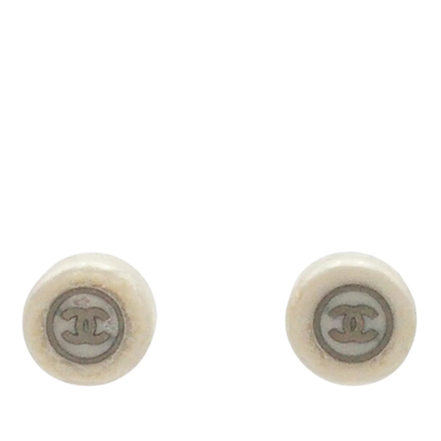 White Chanel Resin and Silver Plated CC Round Push Back Earrings