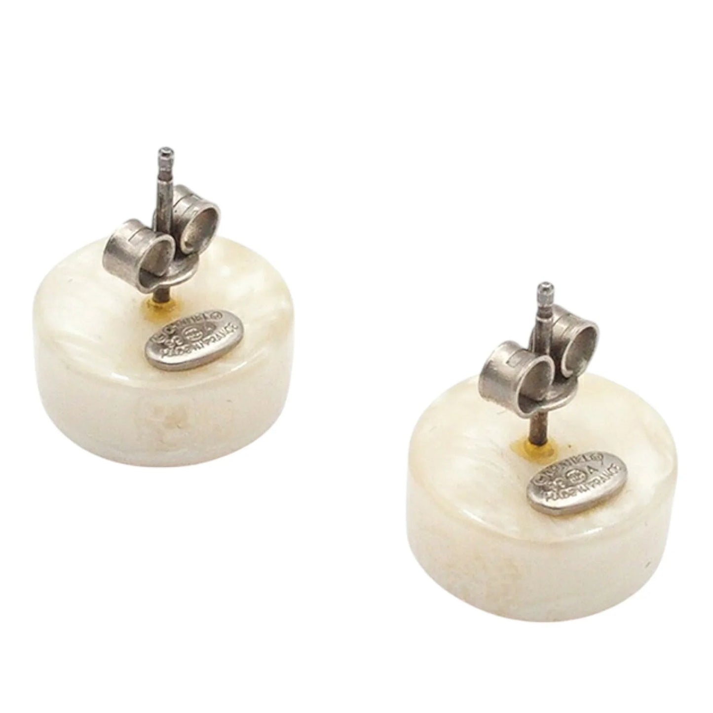 White Chanel Resin and Silver Plated CC Round Push Back Earrings