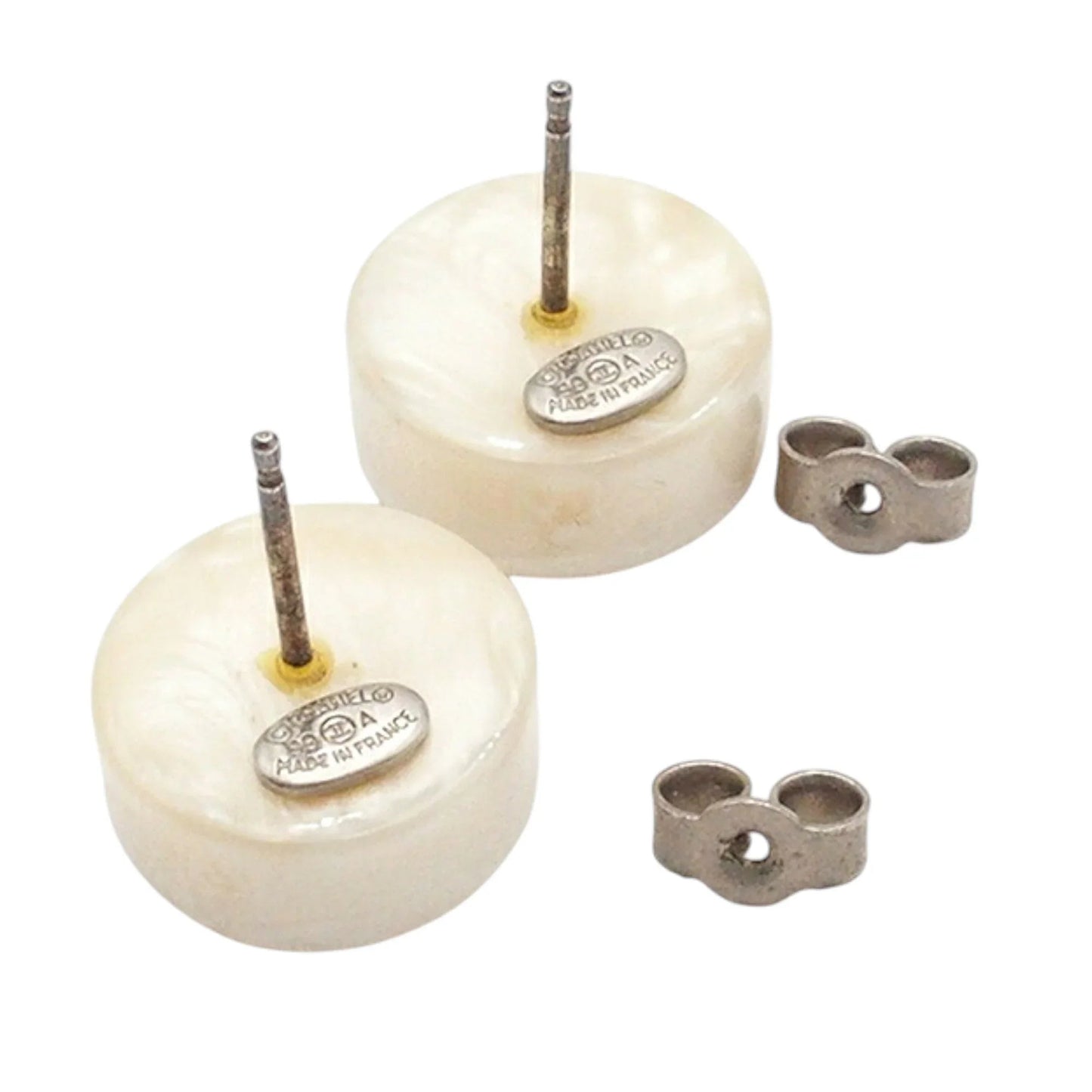 White Chanel Resin and Silver Plated CC Round Push Back Earrings