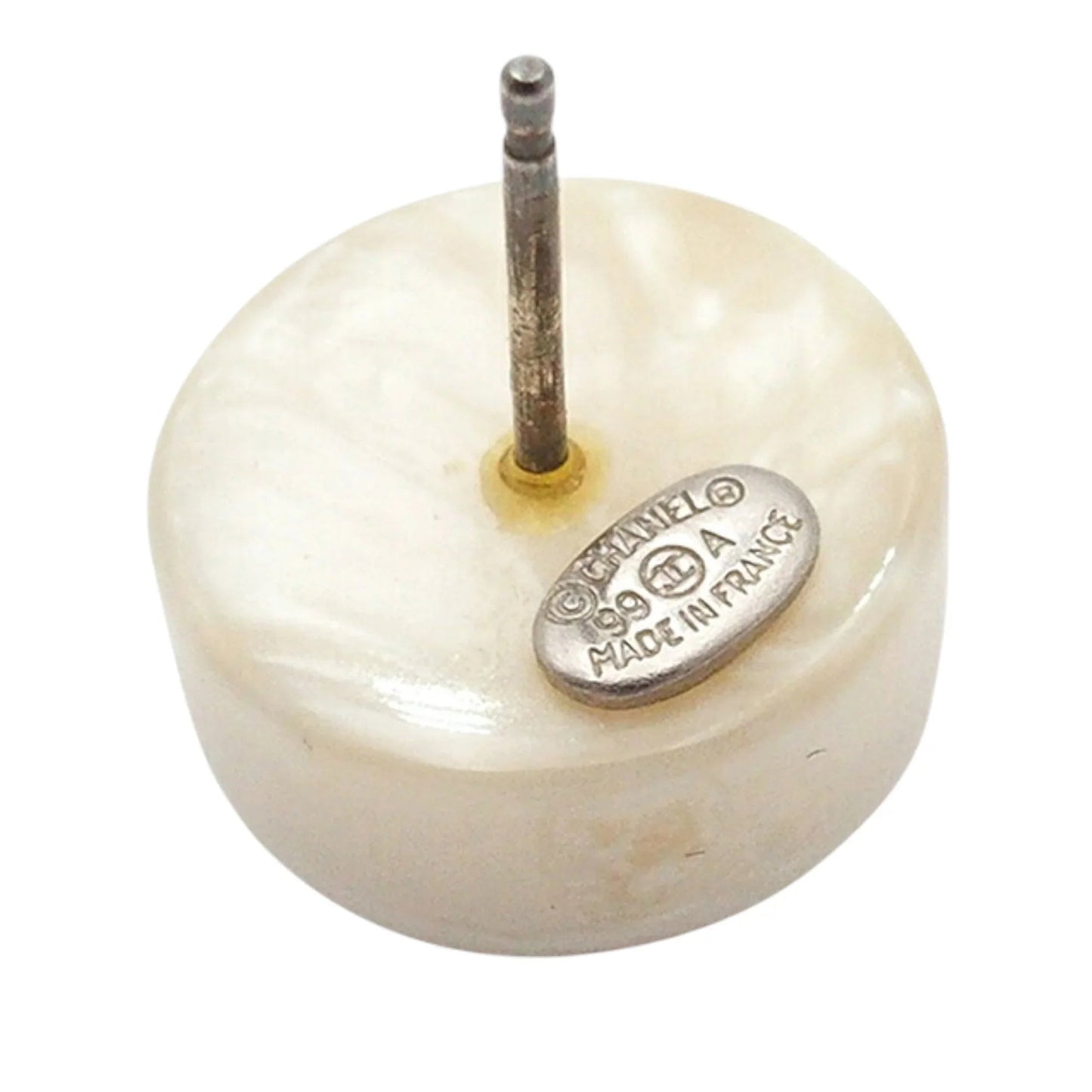 White Chanel Resin and Silver Plated CC Round Push Back Earrings