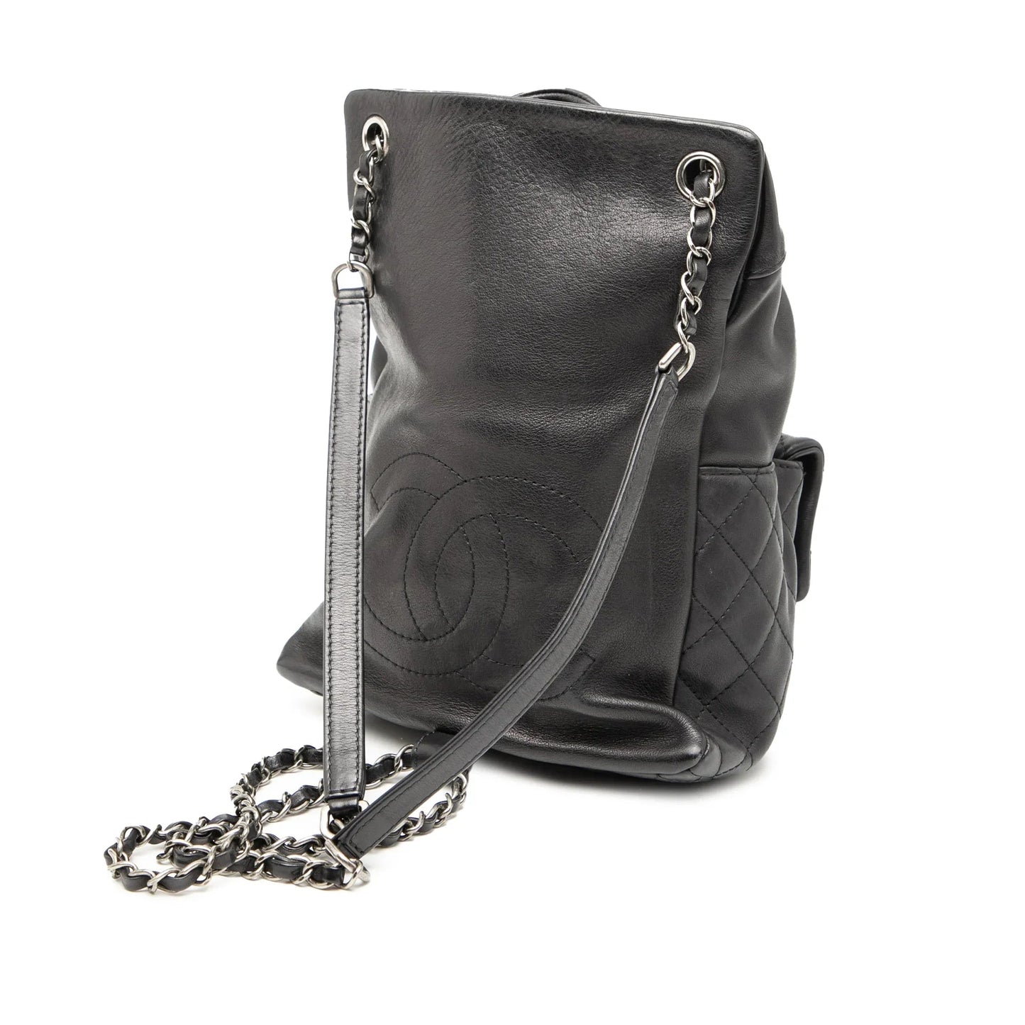 Black Chanel Small CC Calfskin Drawstring Flap Backpack