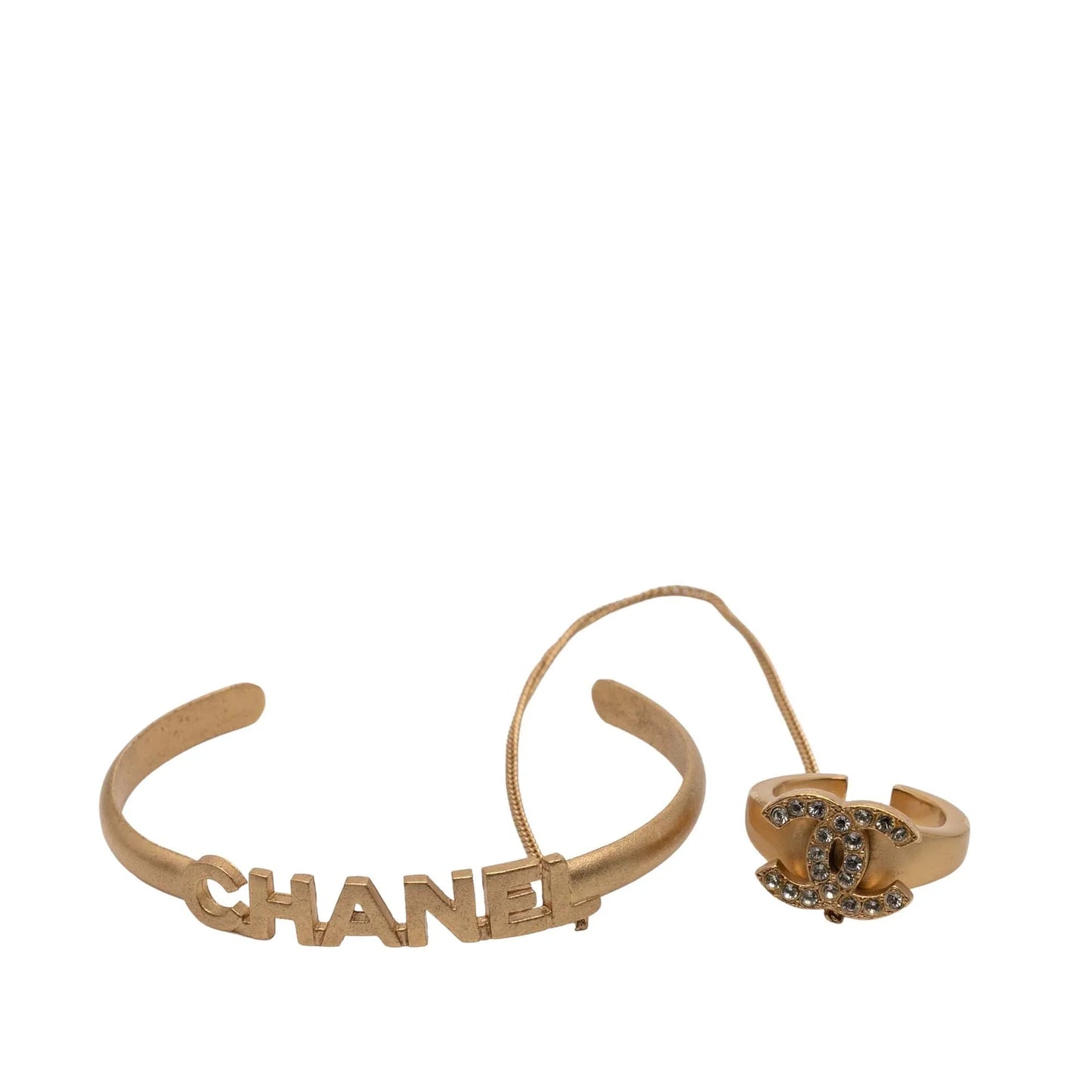 Gold Chanel Gold Plated CC Rhinestone and Logo Cuff Bracelet and Ring Set