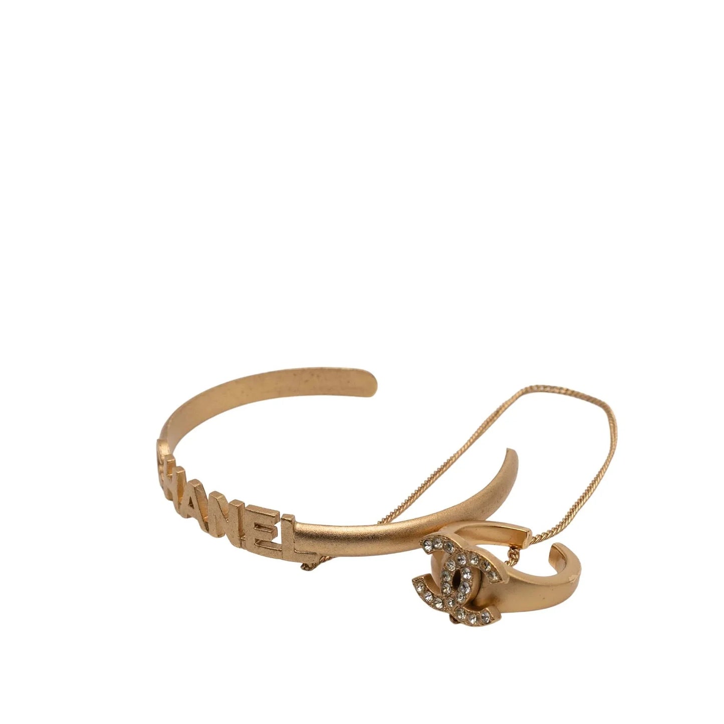 Gold Chanel Gold Plated CC Rhinestone and Logo Cuff Bracelet and Ring Set