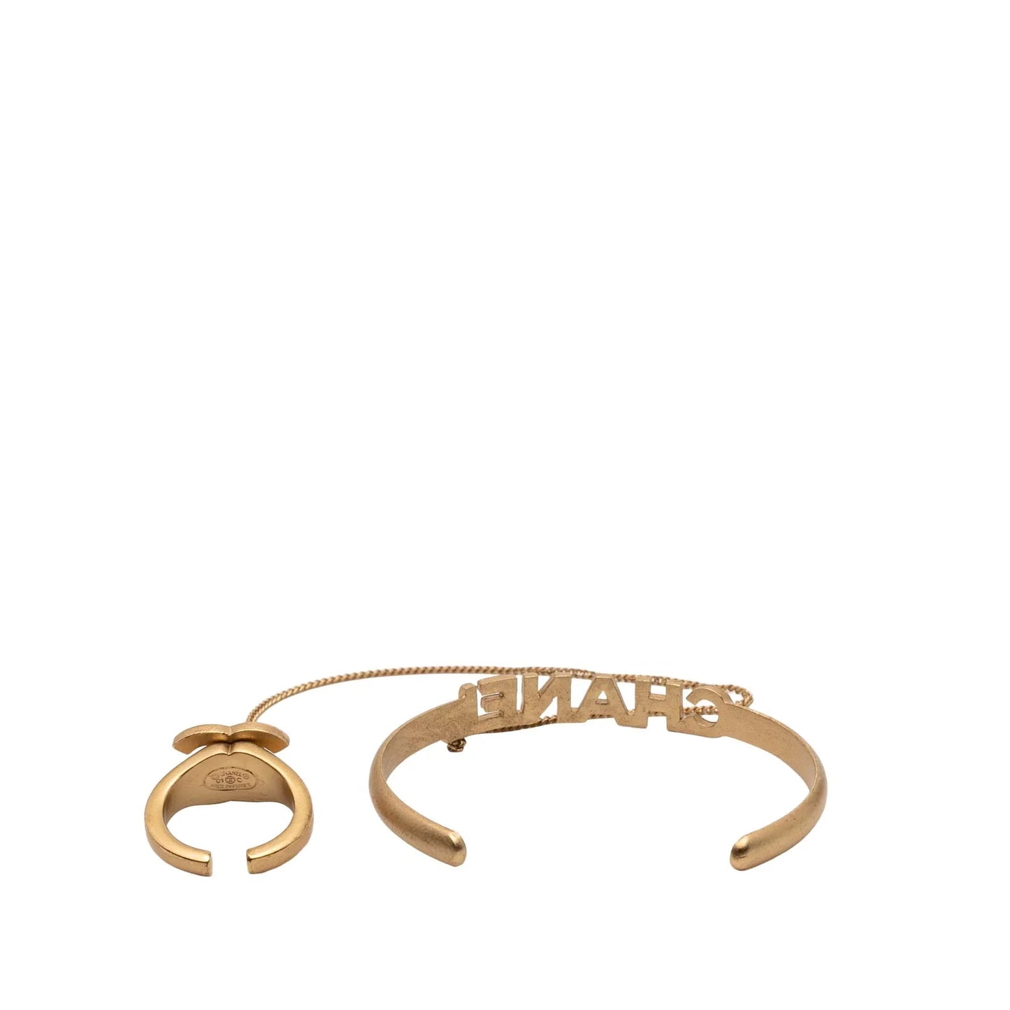 Gold Chanel Gold Plated CC Rhinestone and Logo Cuff Bracelet and Ring Set
