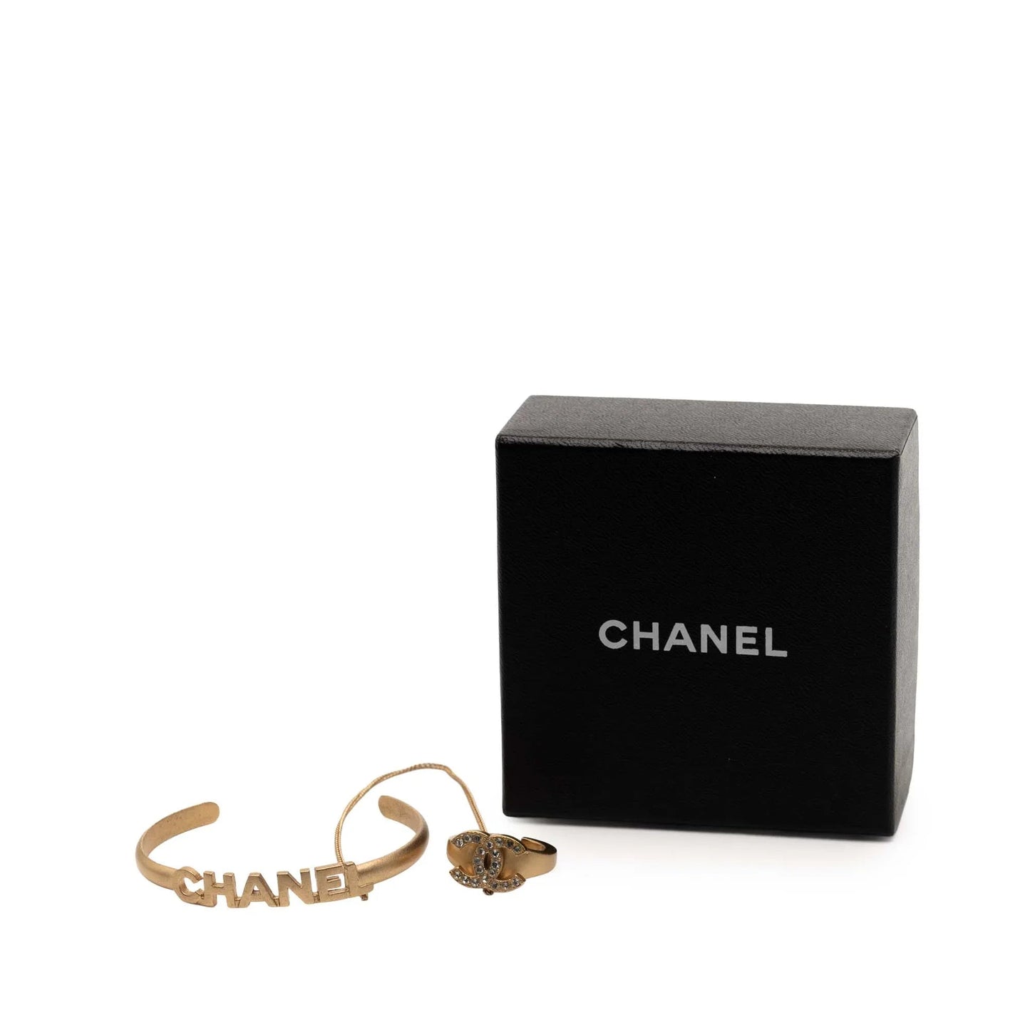 Gold Chanel Gold Plated CC Rhinestone and Logo Cuff Bracelet and Ring Set